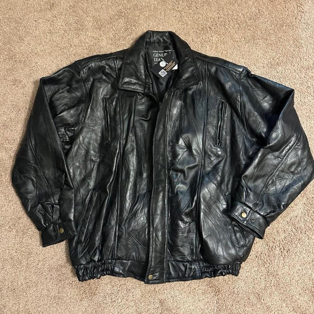 Vintage Italian Stone Design Genuine Leather Black Patchwork Jacket